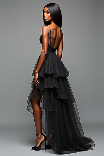 A Line Spaghetti Straps Volang Black Tie Klänning Med Slits